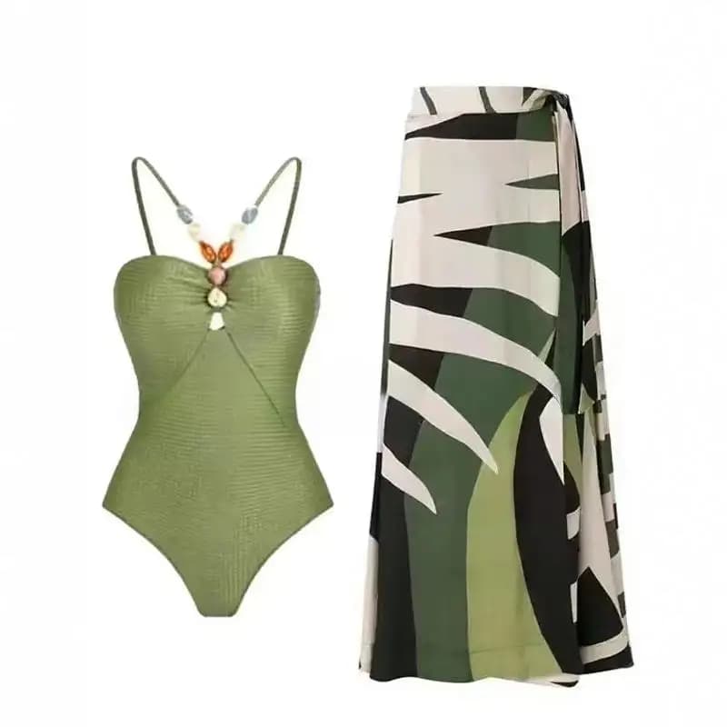 Costume da bagno intero sensuale e snellente con gemme, da donna, per la spiaggia, con gonna leggera di lusso, stile europeo.