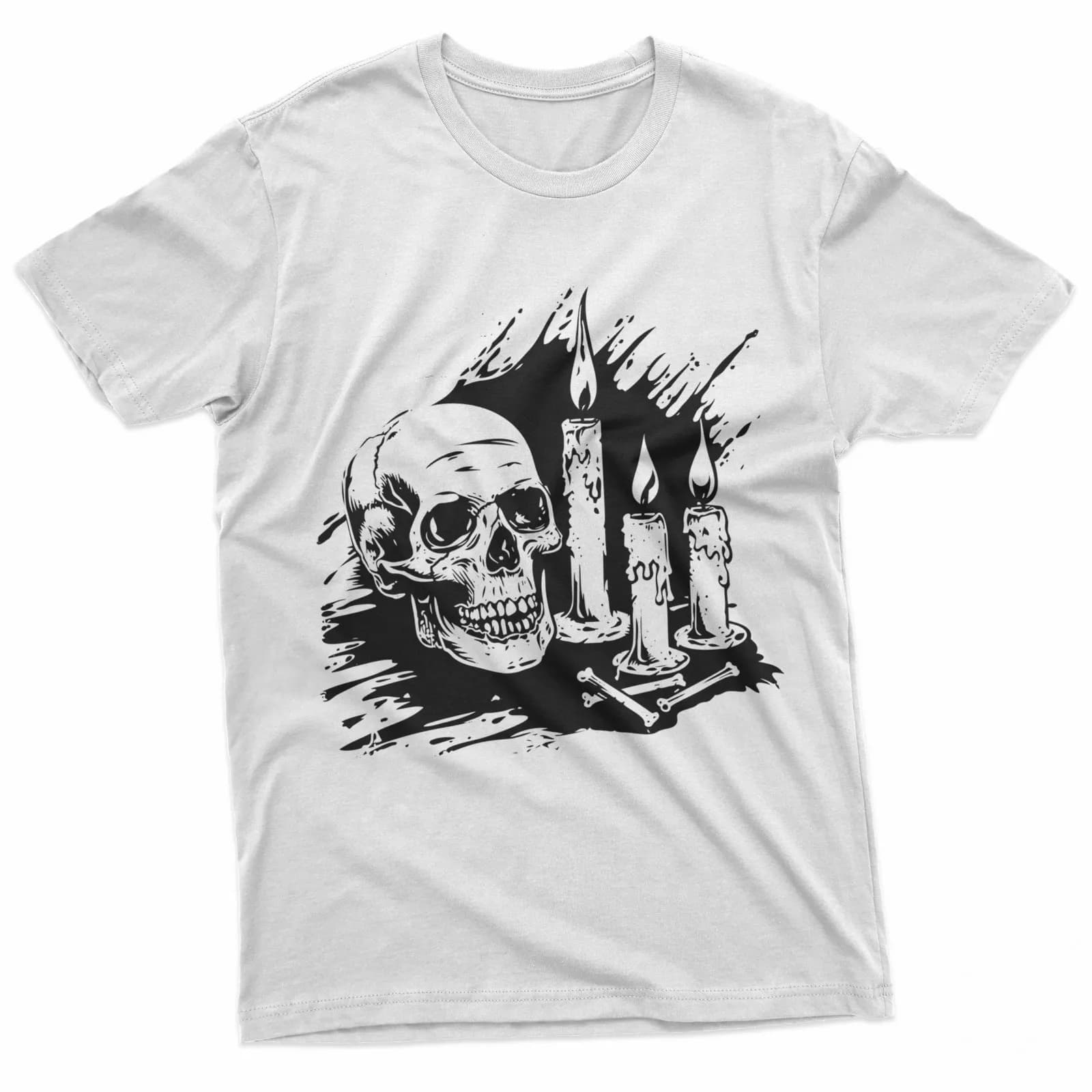T-shirt nera da uomo con teschio gotico e candele