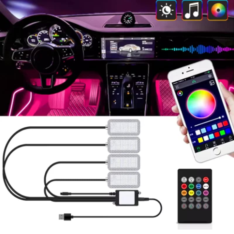Luce ambientale per interni auto a LED con doppio controllo al neon con lampada decorativa per atmosfera automatica con controllo APP musicale remoto wireless USB