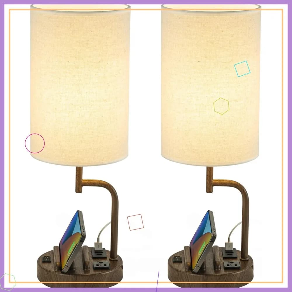 Modern desk lamp with 3 USB ports, AC socket and telephone holders - Perfect for bedroom, living room, office (package 2, walnut)