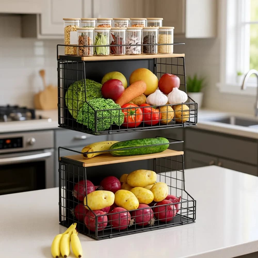 Set di Grandi Ripiani Magnetici per Frigorifero con Coperchio in Legno per Cesto Porta Spezie, Frutta, Patate e Cipolle, per Cucina e Armadietto