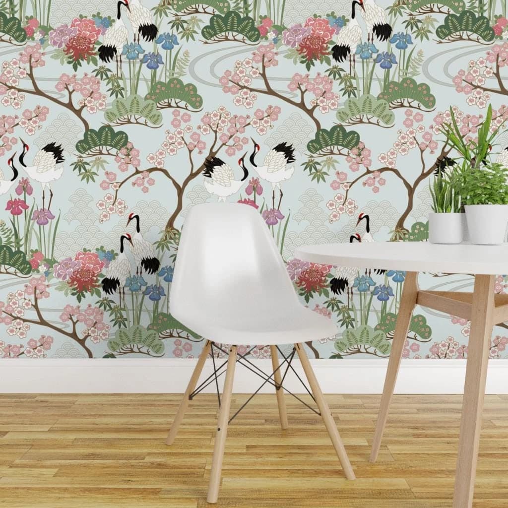 Customized Size Mural Blue Green Pink Bird Cranes Mural Home Decoration Restaurant Barbecue Restaurant Background wall Wallpaper