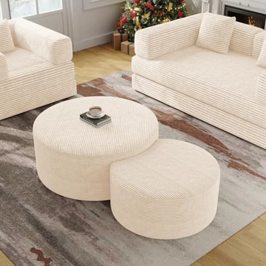 Set di 2 tavolini rotondi mobili in velluto a coste per divani componibili, poggiapiedi beige circolare in schiuma per soggiorno