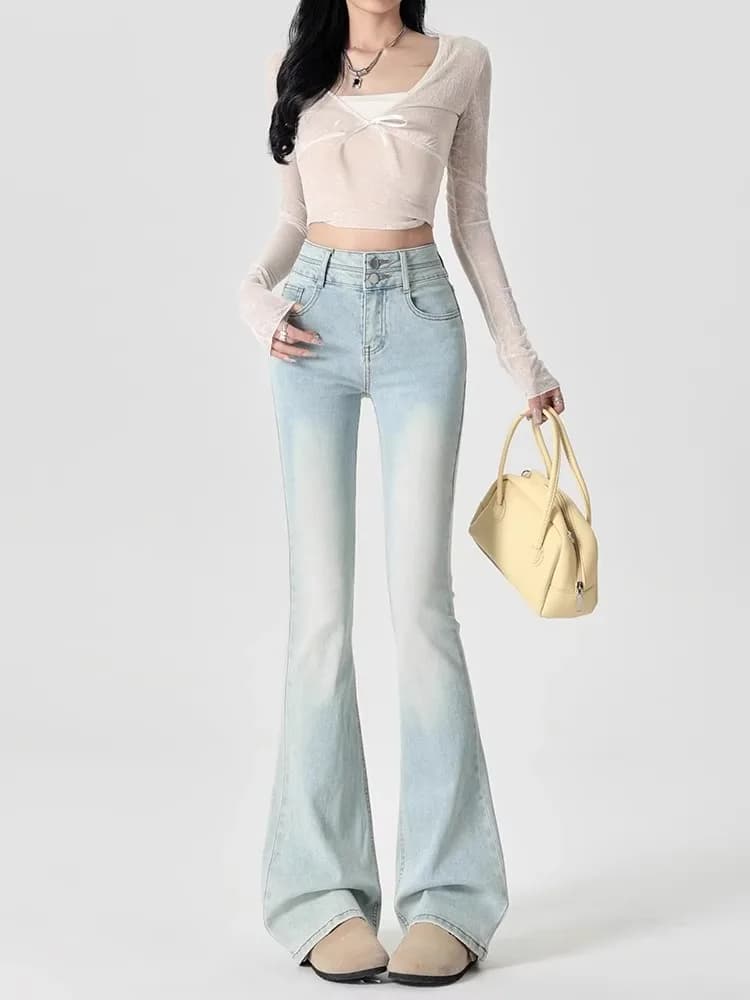 American Style High Waist Bell Bottom Jeans Women's Spring Summer New Small Size Slimming Hoof Floor Length Pants