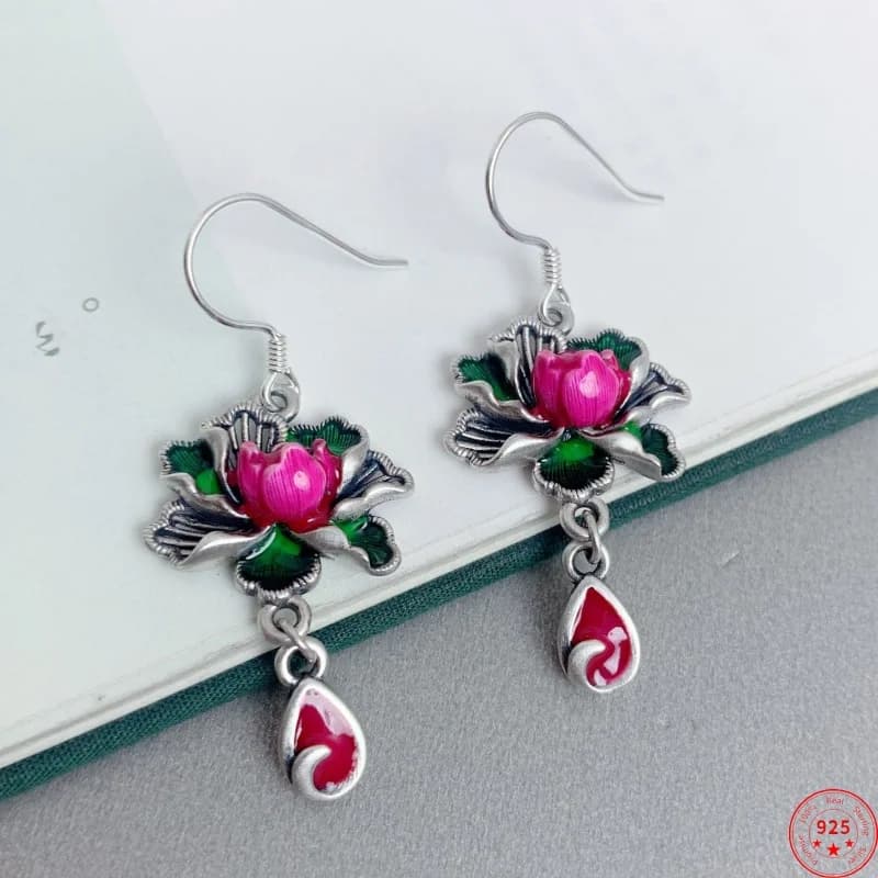 S925 Sterling Silver Pendant Earrings for Women Wholesale Jewelry with Green Lotus Tassel Purple Cloisonne New Fashion Wholesale