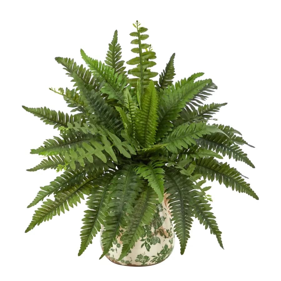 15in. Boston Fern Artificial Plant with Tuscan Ceramic Green Scroll Planter Green