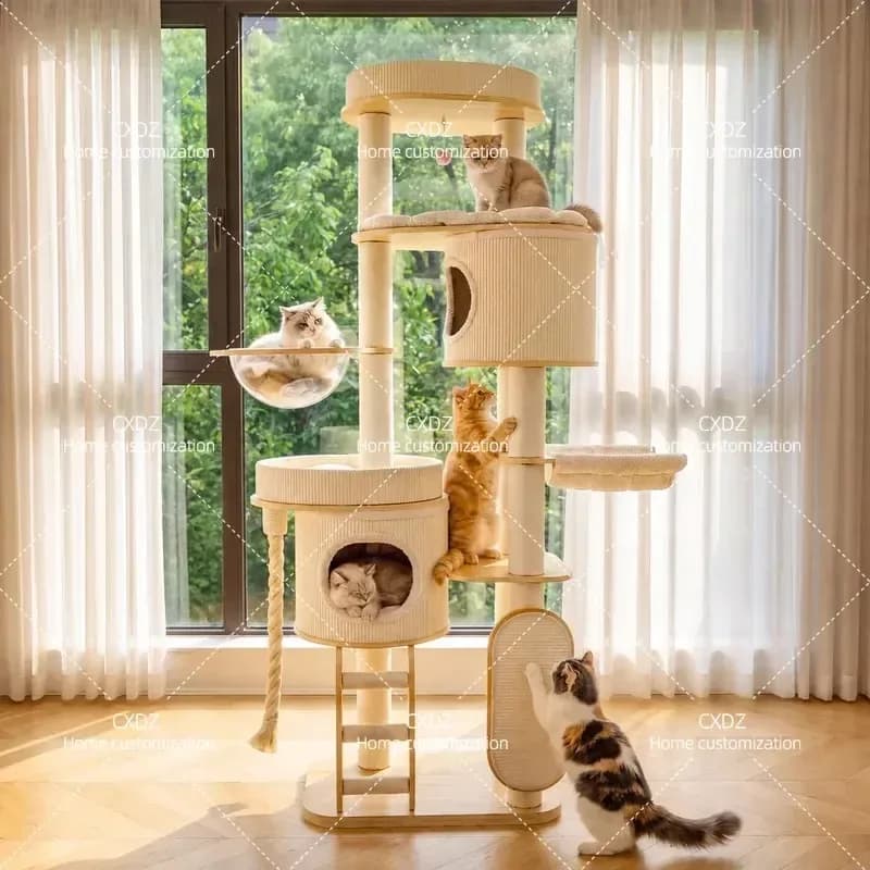 Solid Wood Cat Climbing Frame Compact Design for Small Apartments Large Cat Tree with Integrated Nest Space Saving Furniture