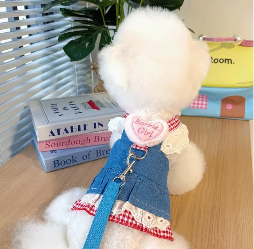 Pet Heart Denim Skirt Spring Breathable Dog Cat Pet Denim Halter Skirt for Small Dog with Walking Leash Maltese Summer Dress