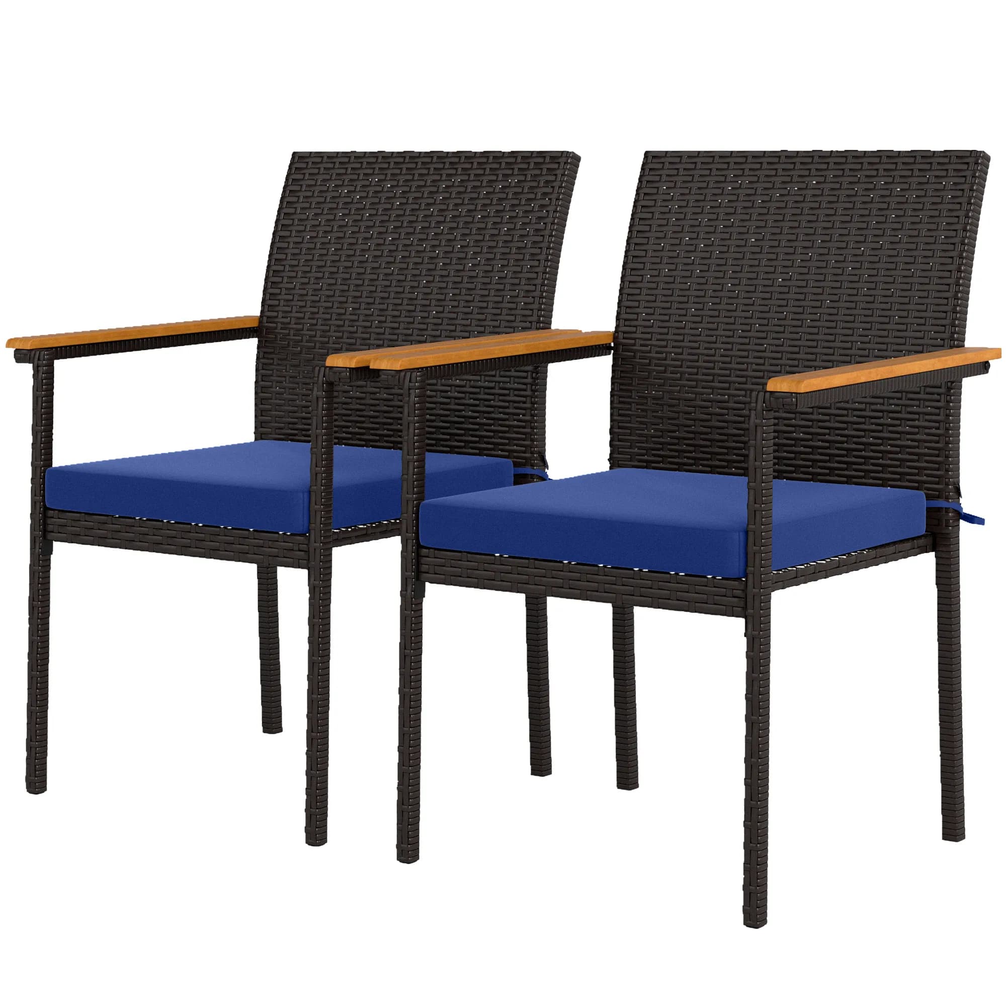 Set di 2 sedie da pranzo impilabili in vimini per patio con cuscini, schienale e braccioli per terrazza, giardino, blu navy
