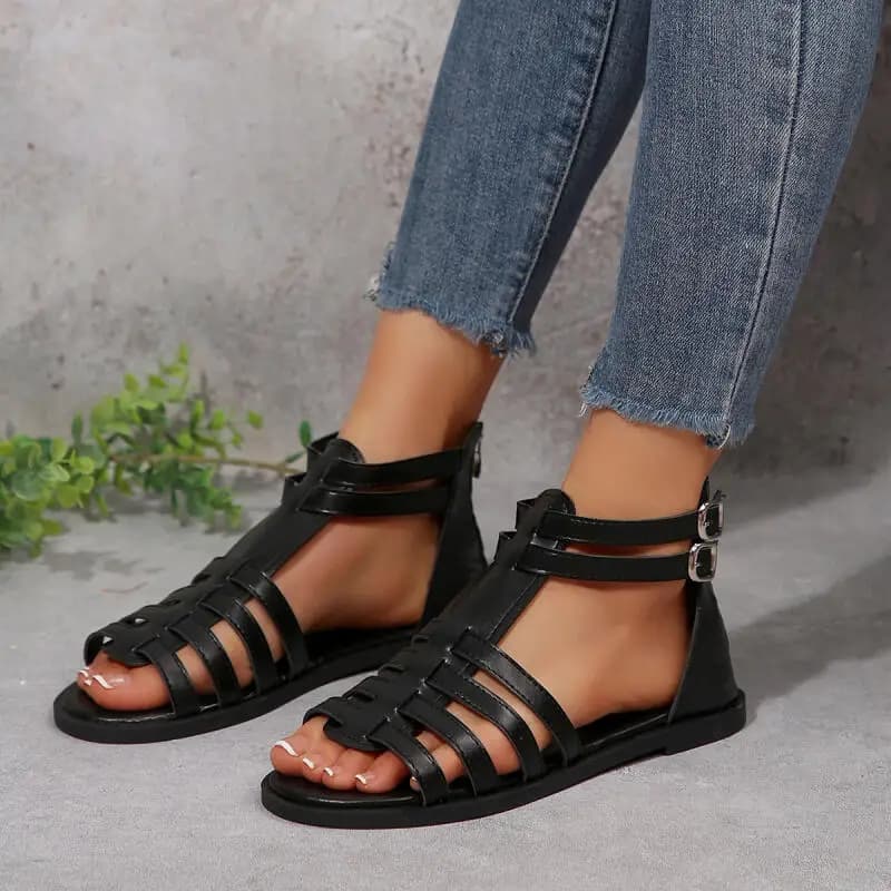 Sandali Gladiator Neri Vintage con Tacco Basso da Donna, con Fibbia in Metallo e Cerniera Posteriore, Misura Grande, Nuove Scarpe Donna 2026