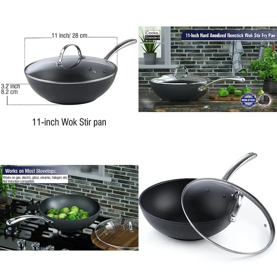Padella Wok Antiaderente, Padella Profonda Anodizzata con Coperchio in Vetro, Fondo Piatto, Nera