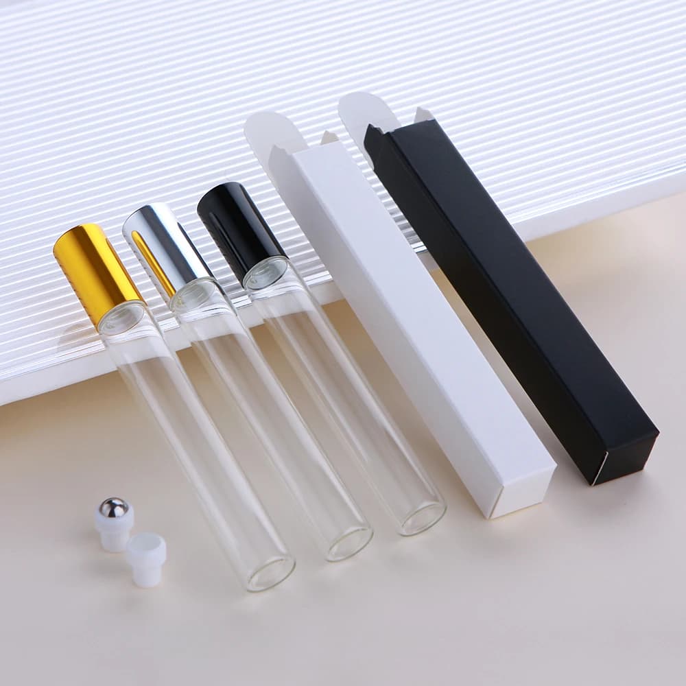 Bottiglia di olio essenziale trasparente da 30/50 pezzi/lotto da 10ml con scatola di imballaggio opaca bottiglia di profumo riutilizzabile stampa LOGO paga Extra