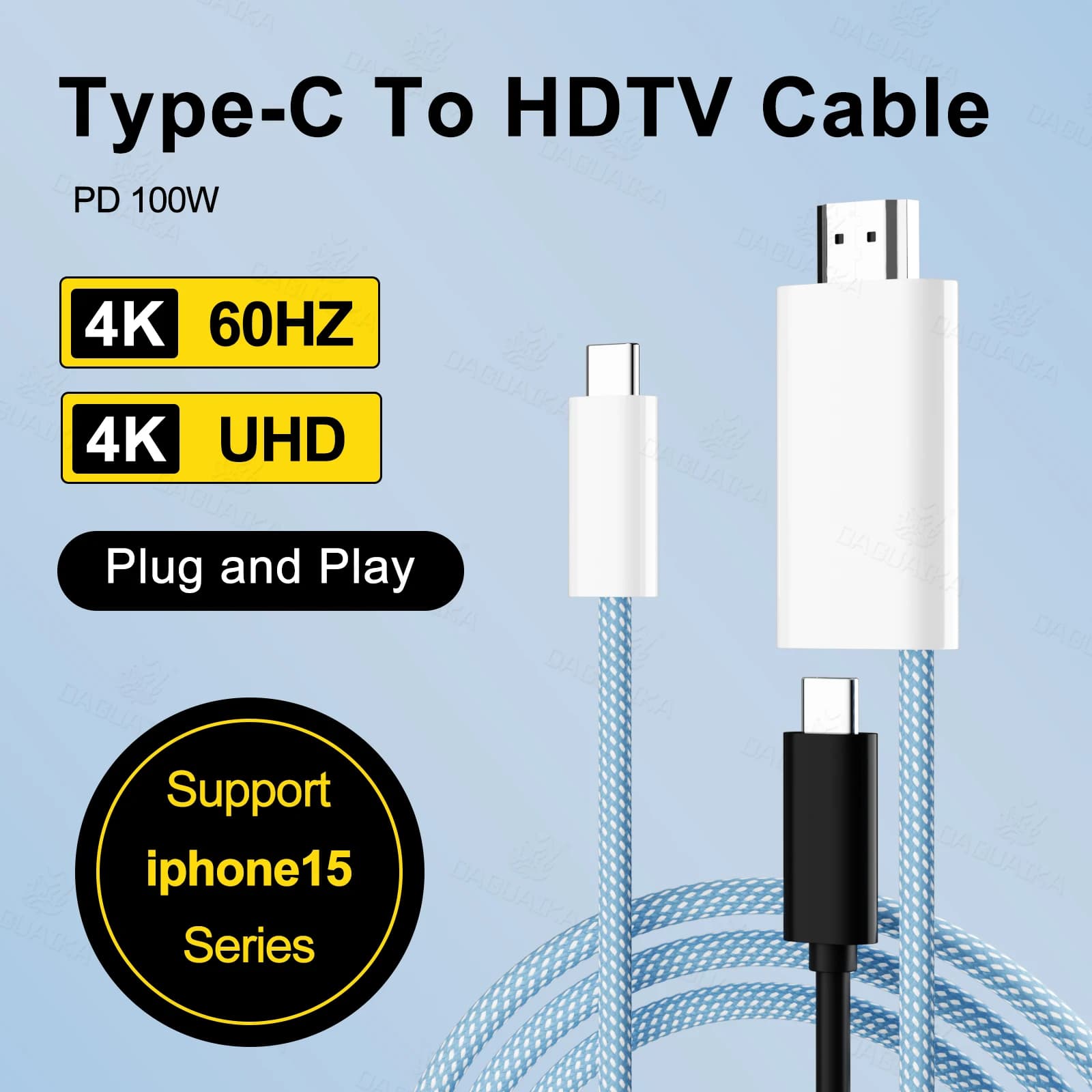 USB Type C to HDMI 4K 60Hz/30Hz compatible cable with PD 100W Thunderbolt 4/3 compatible for iPhone 15 Air iPad Samsung HDTV