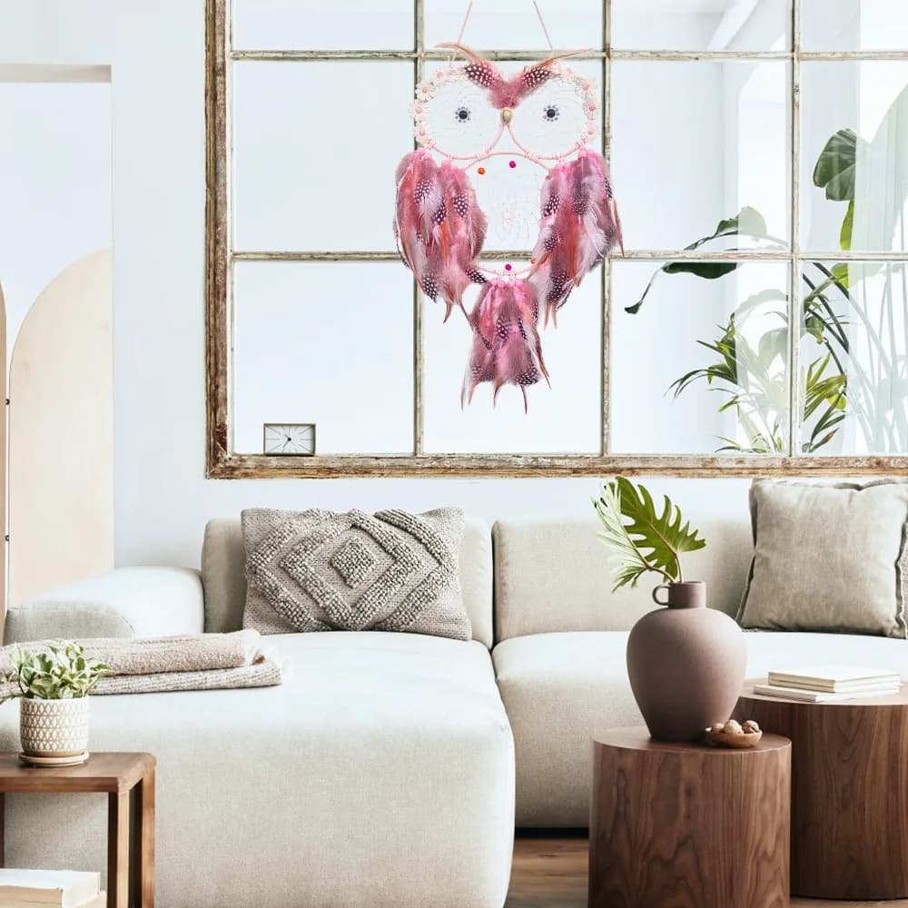 Dream Catchers Iron Owl Dreamcatcher Owl Pink Pink Dream Catcher Flower Accent 22.05*8.66in Wall Hanging Ornament Bedroom Decor