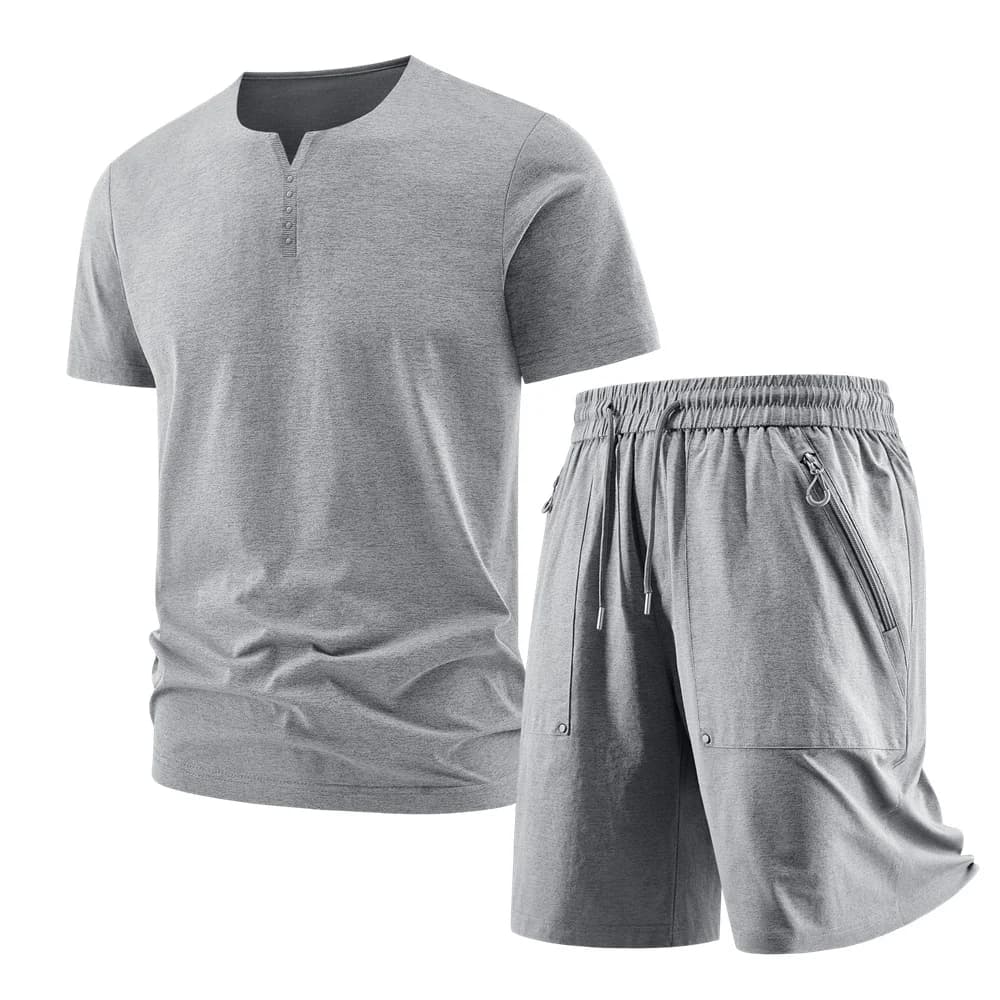 Completo Estivo da Uomo: T-Shirt Henley e Pantaloncini, Set Casual a Rapida Asciugatura, 2 Pezzi Traspiranti per Palestra, Spiaggia e Uso Quotidiano
