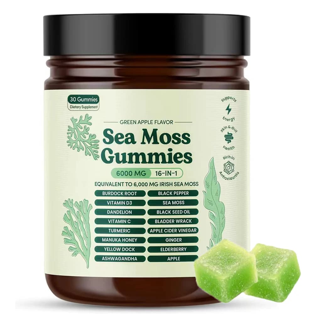 16-in-1 Seaweed Gummies - containing black seed oil, ginseng, burdock, etc - Supports immunity, energy and vitality, green apple