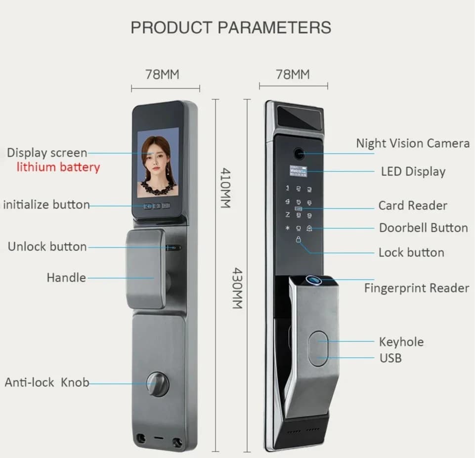 Serratura Intelligente con Riconoscimento Facciale Glomarket, Cerradura Inteligente Tuya Wifi, Serratura Digitale con Impronta Digitale