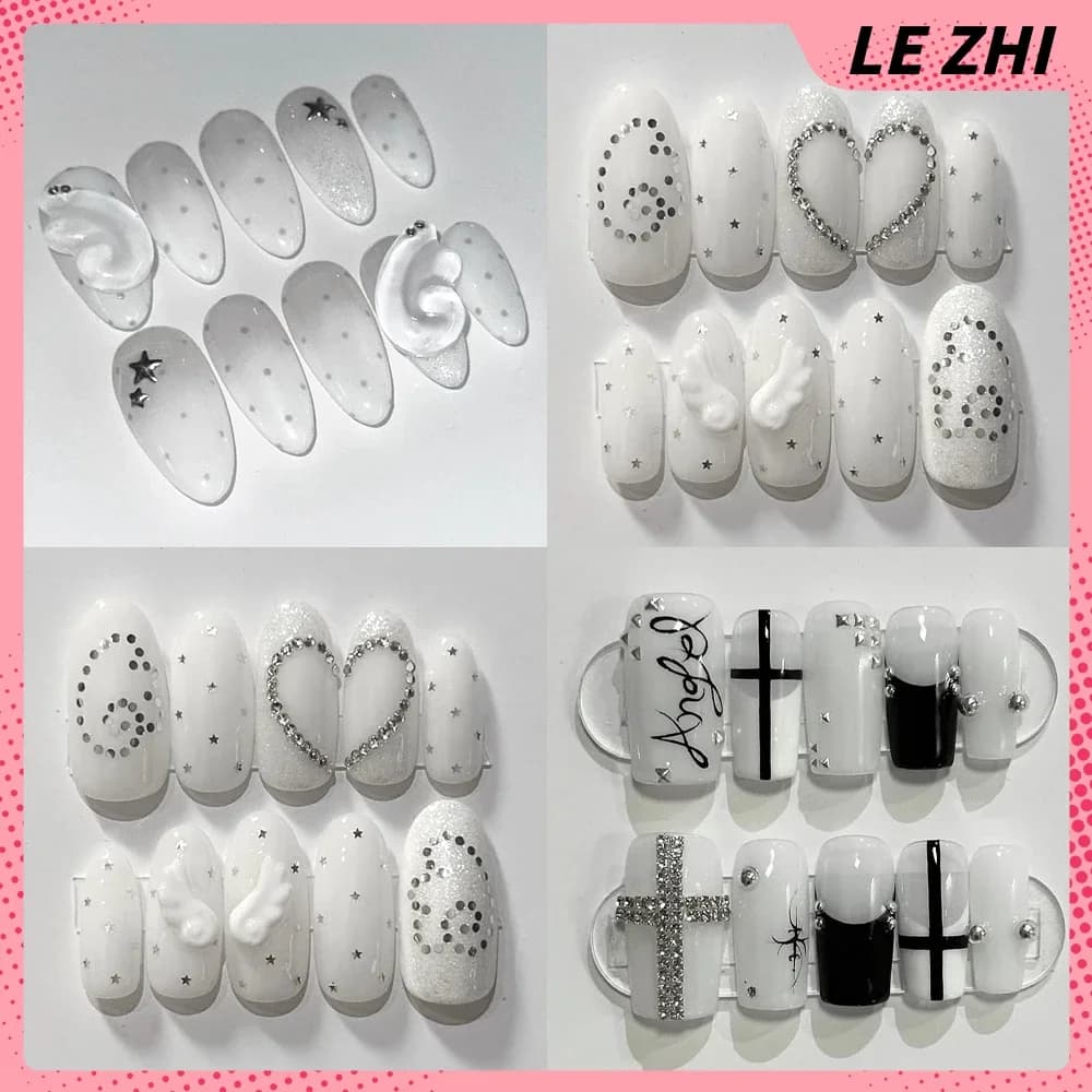 Y2K Retro Ali Stelle Glitter Stampa sulle unghie Arte Mandorla Diamante Polka Dot Bianco Semplice Sfera d'acciaio Fai da te Riutilizzo fatto a mano Nail Art