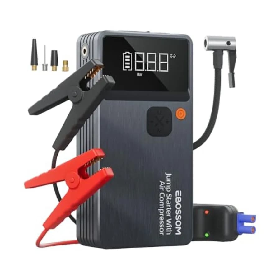 Avviatore di Emergenza per Auto con Compressore d'Aria, Batteria da 44.4Wh, Gonfiatore Pneumatici e Cavi Intelligenti LE