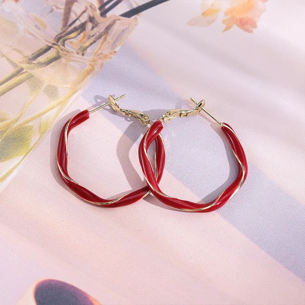 Ankara red twist gold wire earrings, high-end, stylish, exquisite, exaggerated large earrings, niche design earrings