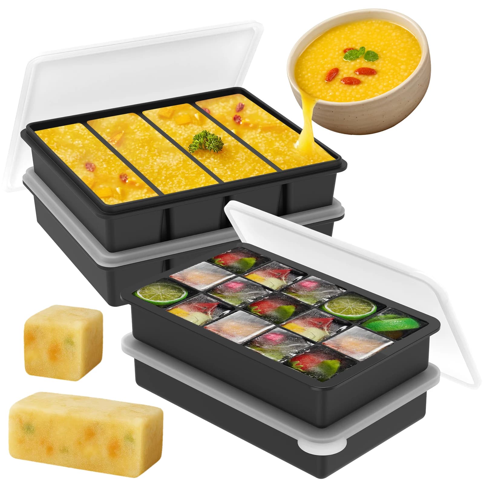 Set di 4 Vaschette in Silicone per Congelatore con Coperchio, 4 Scomparti Lunghi e 15 Piccoli, Contenitore per Zuppa, Stampo per Cubetti di Ghiaccio, per Preparazione Pasti