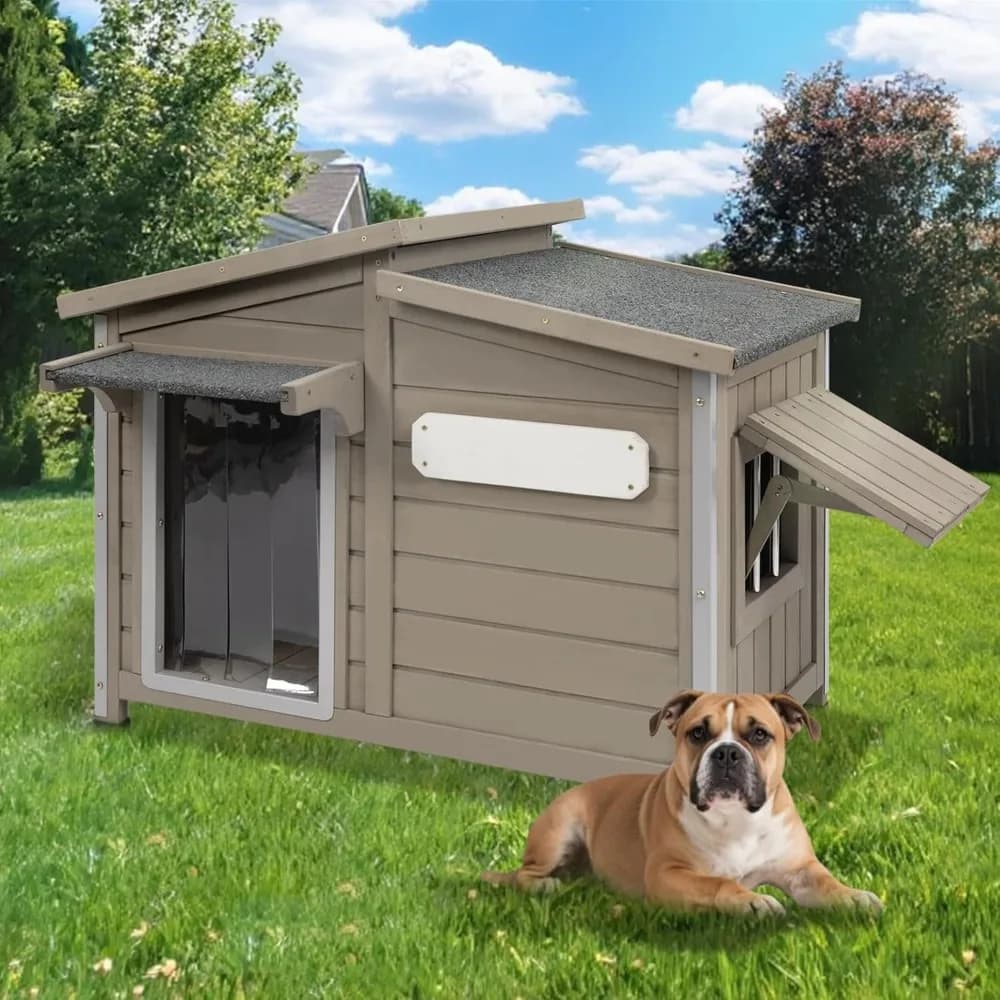 Grande casa per cani da esterno in legno, case per cani resistenti alle intemperie con finestre di sfiato regolabili, telaio in lega resistente alla masticazione, pavimento rimovibile