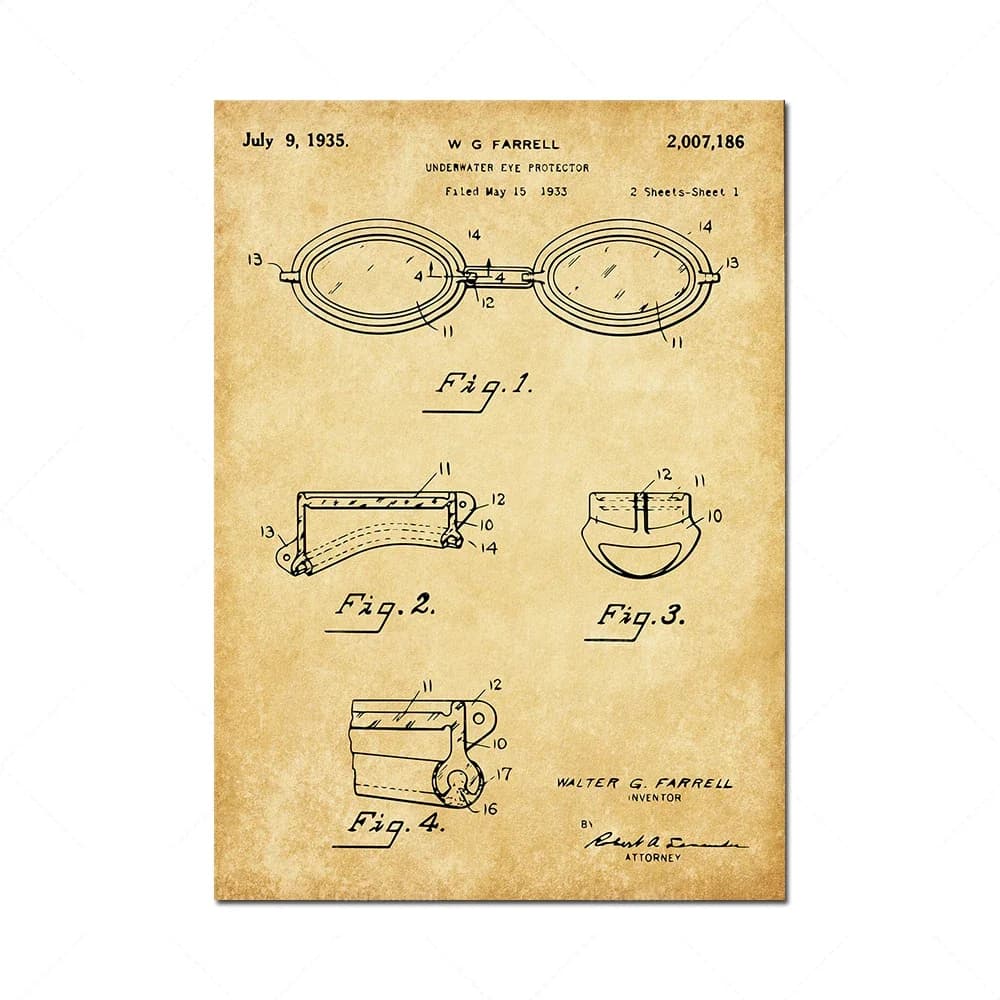 Water polo goal patent posters, swimming goggles, polo art, swimming ear protector posters, wall art decoration posters