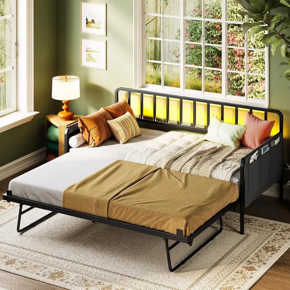 LIKIMIO Double-day bed with pull-out bed, charging station and LED lights, metal bed with side container, silent, no spring net required