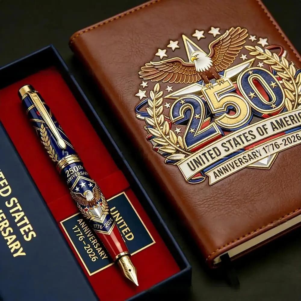 2026 250th U.S. Anniversary Leather Cover Journal with Ballpoint Pen Gift Set for Men - Independence Day Theme Notebook Set