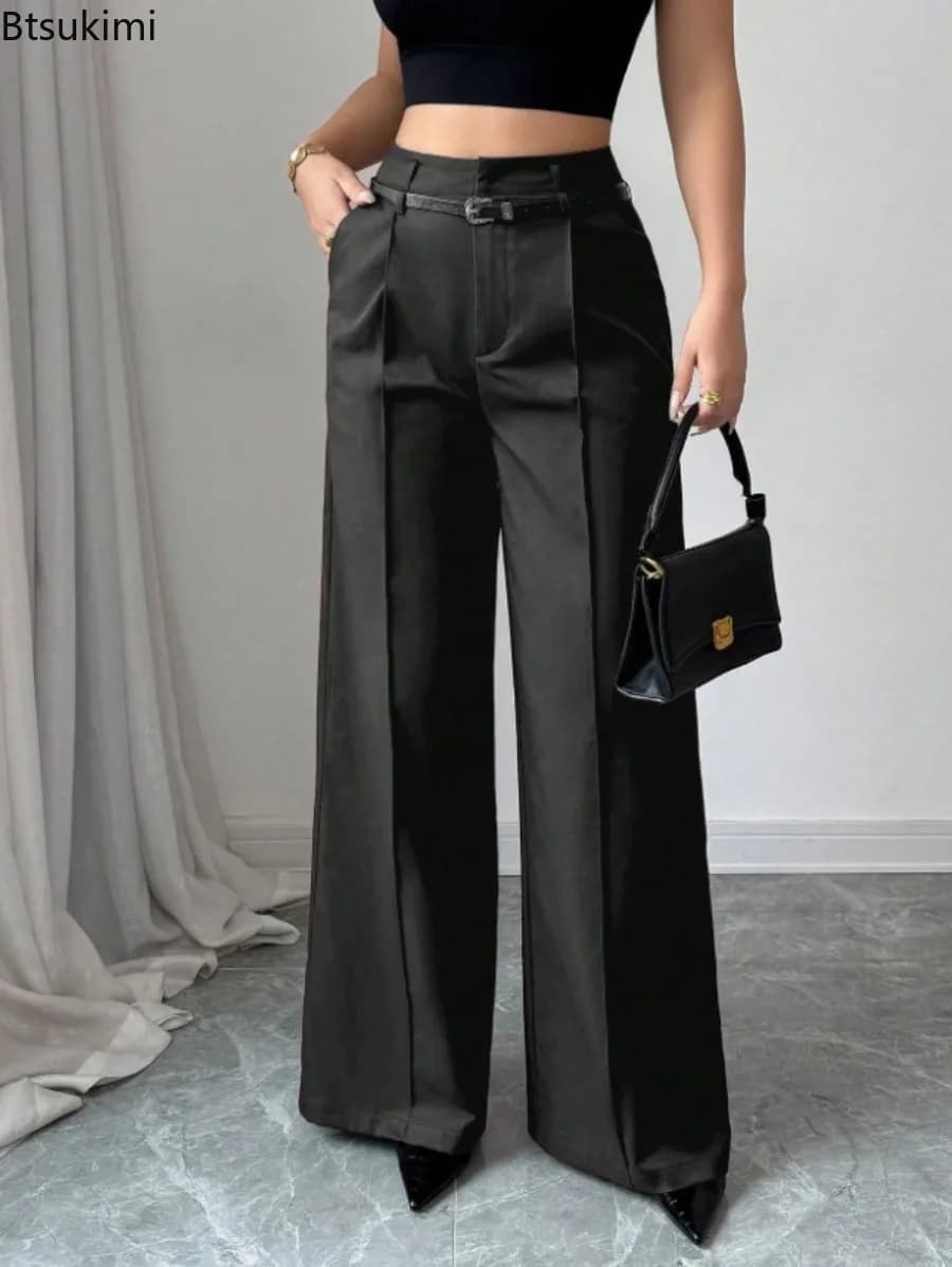 Nuovi Pantaloni da Donna alla Moda a Vita Alta, Tinta Unita, Casual con Cintura, Gamba Larga e Tasche, Pantaloni Eleganti da Ufficio, Pantaloni Dritti da Completo