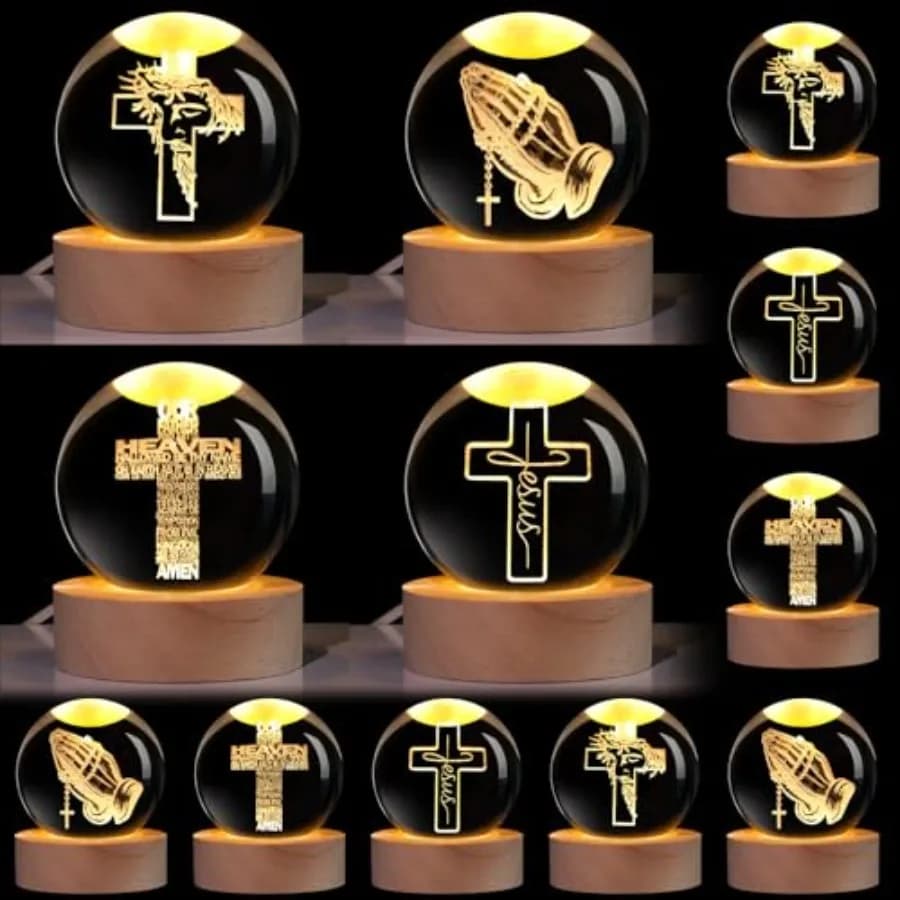 Set di Luci Notturne con Bibbia e Gesù, Lampade 3D a Sfera di Cristallo con Croce, Regali Religiosi Cristiani, Lampade Incise al Laser con W