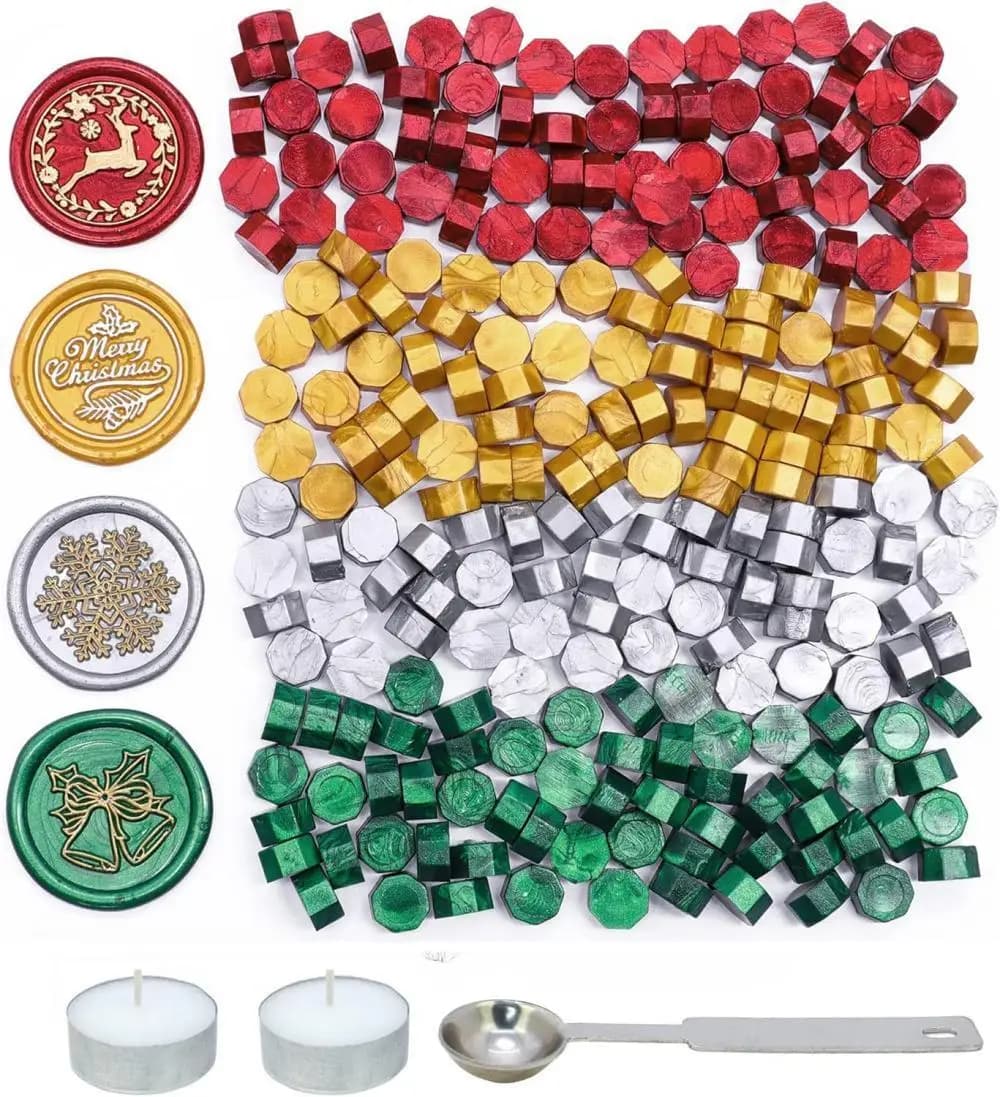 Red Gold Green Silver Mixed Sealing Wax Beads Kit Tealight Candles Wax Melting Spoon for DIY Scrapbooking Christmas Paper Card