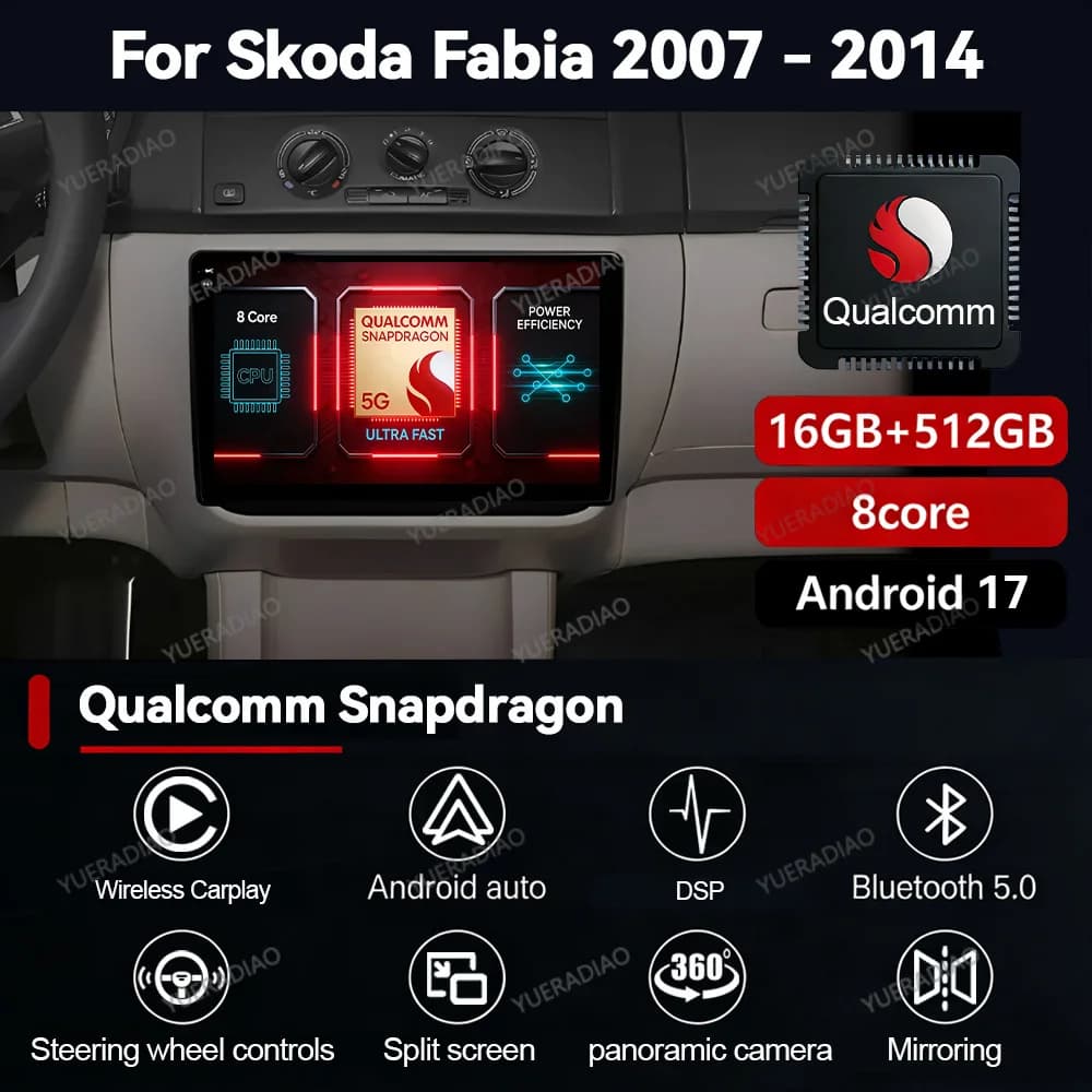 Android 17 Car Radio For Skoda Fabia 2 2007 - 2014 Multimedia Stereo Video Player 2DIN Head Unit Qualcomm 4G WIFI GPS NAVI BT
