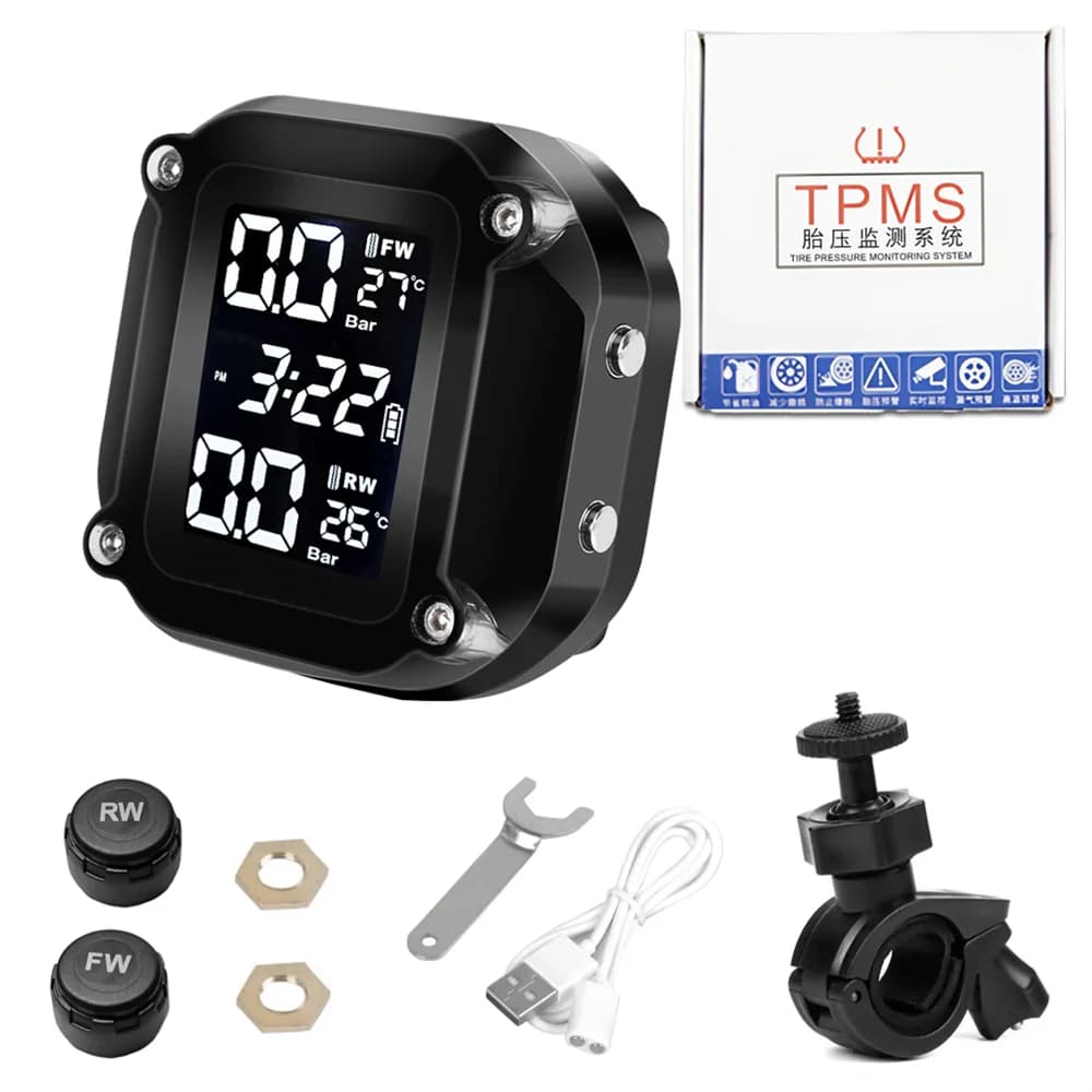 Sistema di Monitoraggio Pressione e Temperatura Pneumatici Moto TPMS con 2 Sensori Esterni Magnetici e Ricarica Rapida