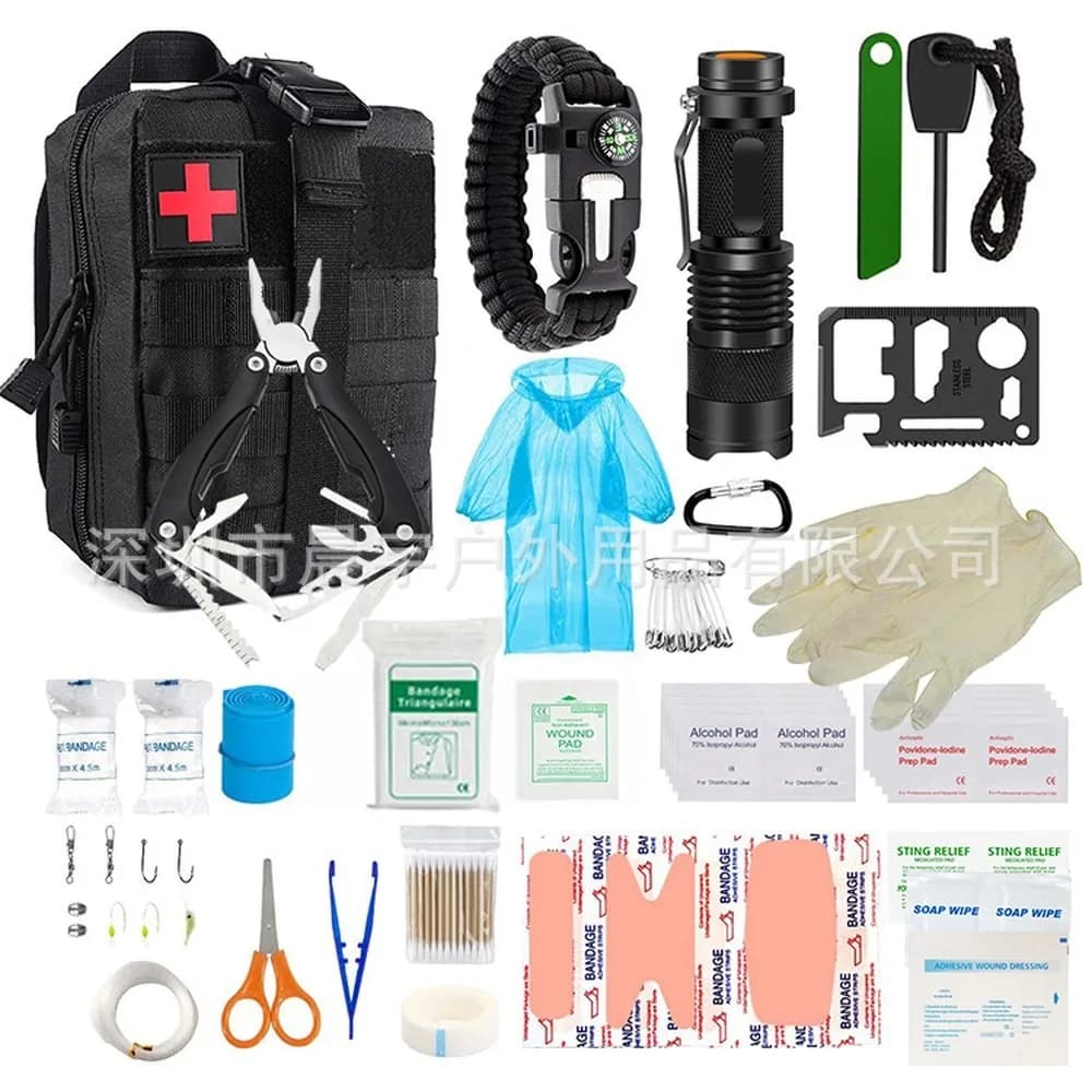 Portable Outdoor Survival Kit, Camping First Aid Waist Pack for Travel, Car Emergency Gear