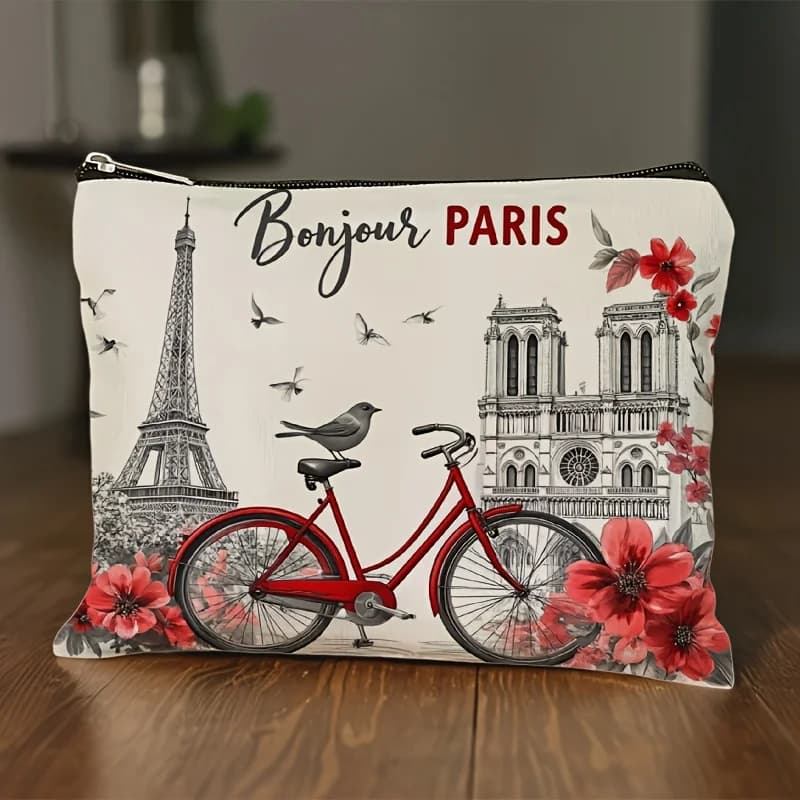 1Pcs Cosmetic Bag Eiffel Tower with Bike Printed Pattern and Text Wash Storage Bag with Zipper Suitable for People Stationery Bag Functional Cosmetic Bag