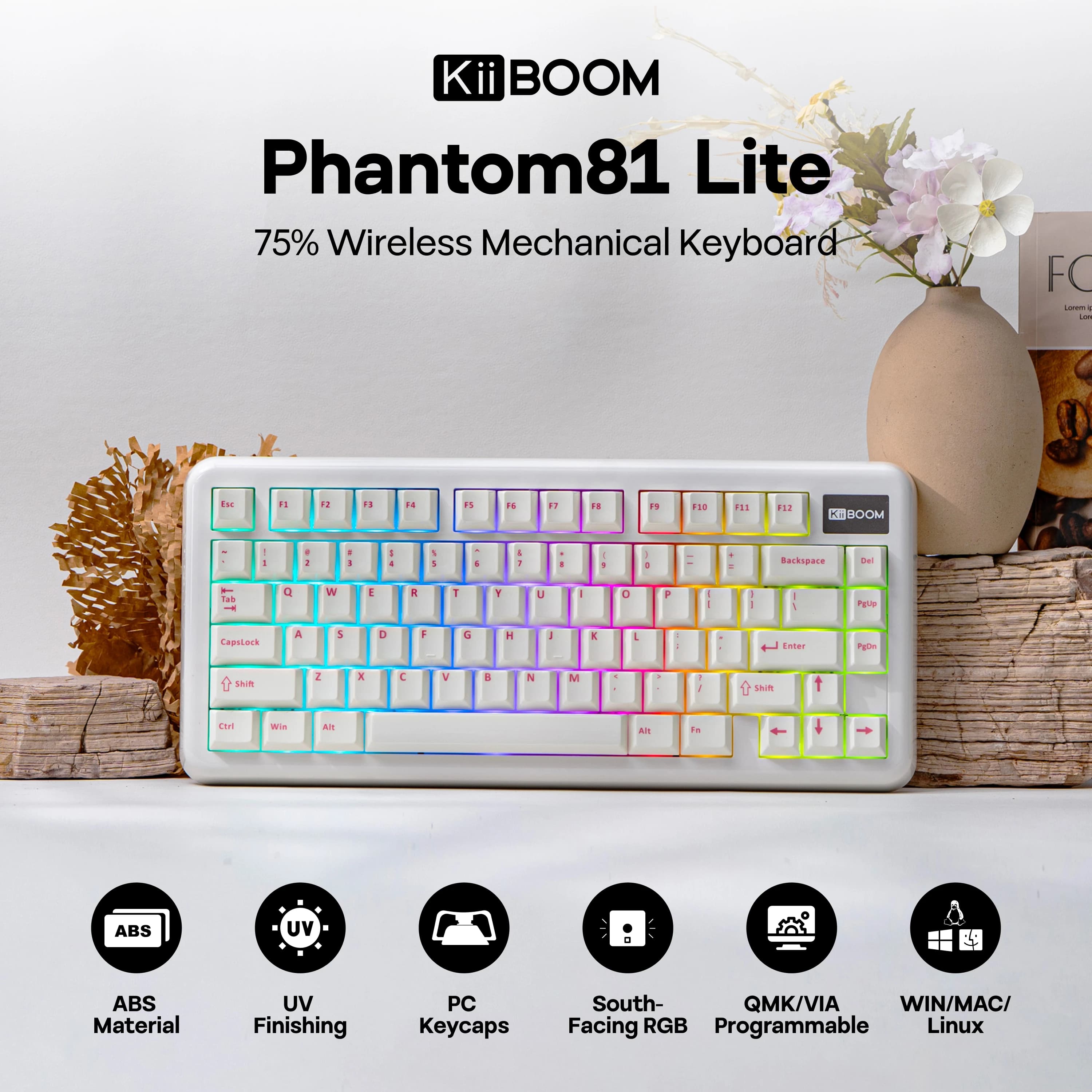 KiiBOOM Phantom81 Lite QMK/VIA 75% Hot-Swap Wired/BT/2.4GHz Wireless NKRO Tastiera meccanica Custodia in ABS + Batteria UV Tech 4000mAh