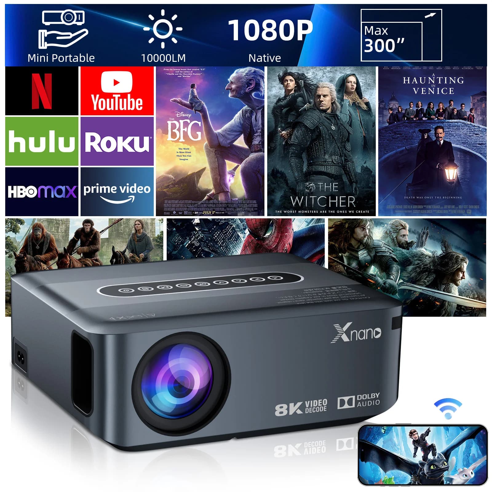 Supporto per proiettore Xnano X1 4K nativo 1920 * 1080P Full HD Correzione automatica Android WiFi Bluetooth Home Theater Proiettore portatile