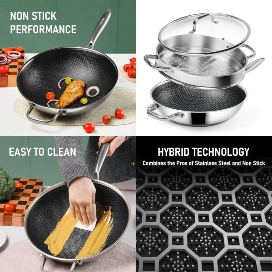 Wok ibrido in acciaio inossidabile antiaderente, padella per stir-fry, manico termoisolante, senza PFOA, adatto per lavastoviglie e forno