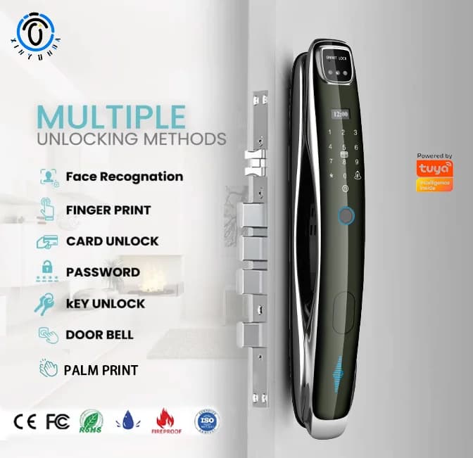Serratura Digitale Intelligente Automatica Tuya Wifi con Riconoscimento Facciale, Impronta Digitale e Telecamera per Case e Appartamenti