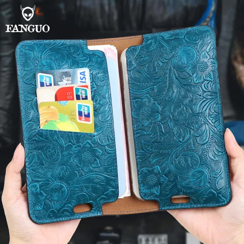 Fashion Genuine Leather Double 6.7 Inch Phone Organizer Bag Cowhide Long Wallet Passport Case Clutch Walet