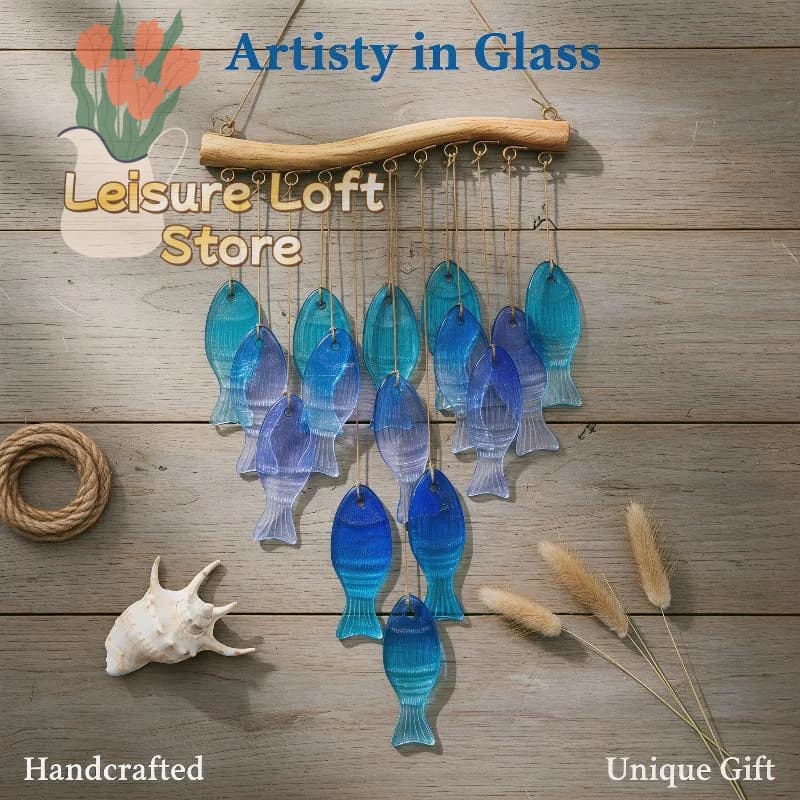 Handcrafted Blue Glass Fish Wind Chimes Outdoor Decorative Hanging Chimes for Garden Patio Yard Decor