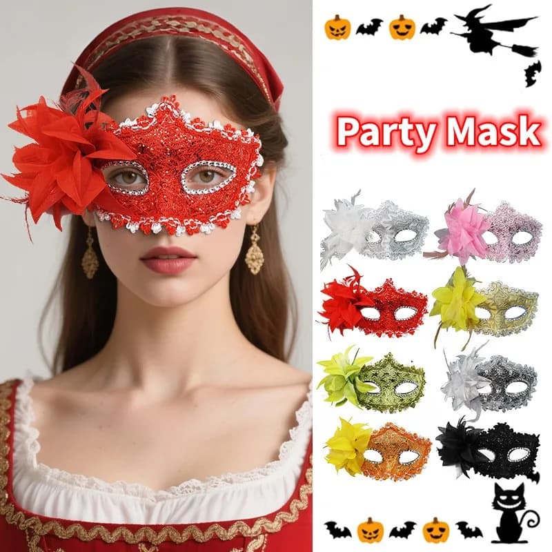 Maschera per travestimento con fiori laterali alla moda Mezza faccia in pizzo sexy Maschera di Mardi Gras Piuma Palla per trucco per feste in costume di Natale