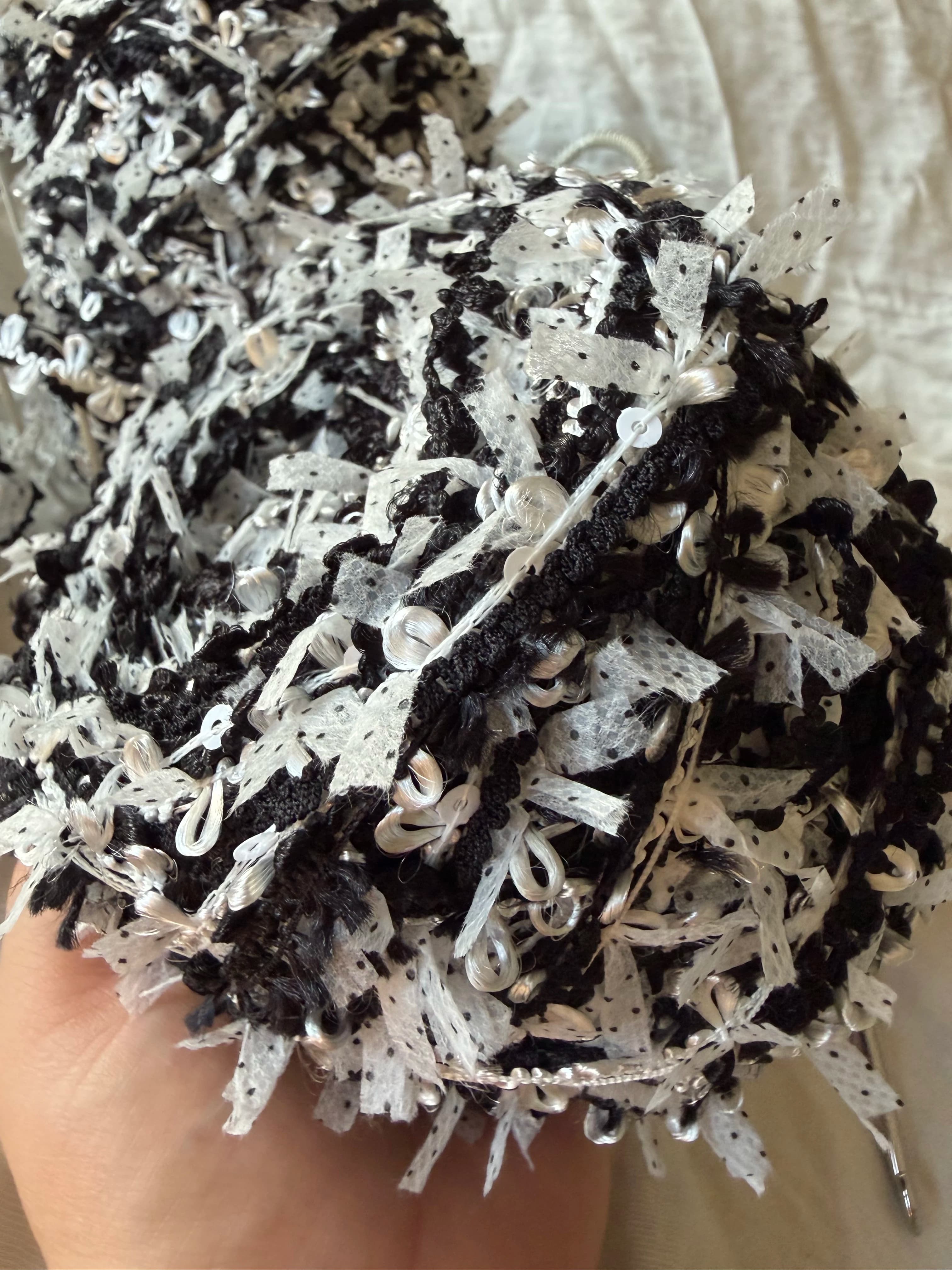 100g Polka Dot Ribbon Hand Blended Yarn - Black White Mixed Fringe Yarn Silver Loop for DIY Crochet Bag Scarf Craft