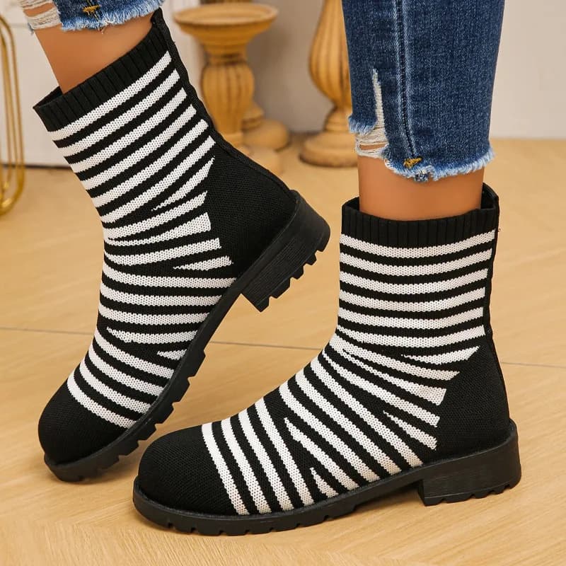 Trendy Diagonal Striped Stretch Knit Sock Ankle Boots Women Round Toe Slip on 3.8CM Block Heel Casual Fashion Short Boots