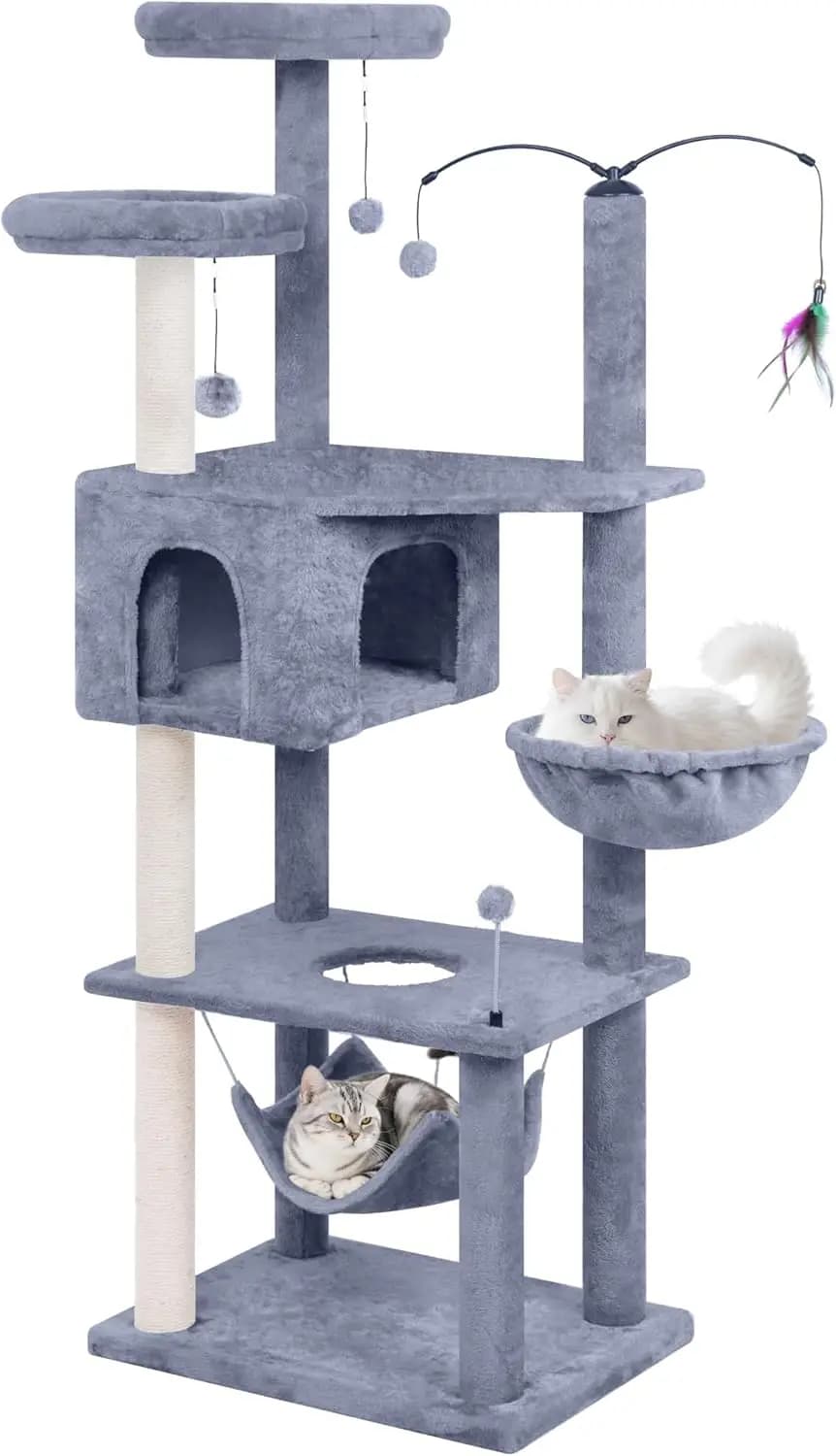 Grande Albero per Gatti, Torre per Gatti con Cuccia Multi-Livello, Amache, Giocattolo Rotante (Grigio, 70'')