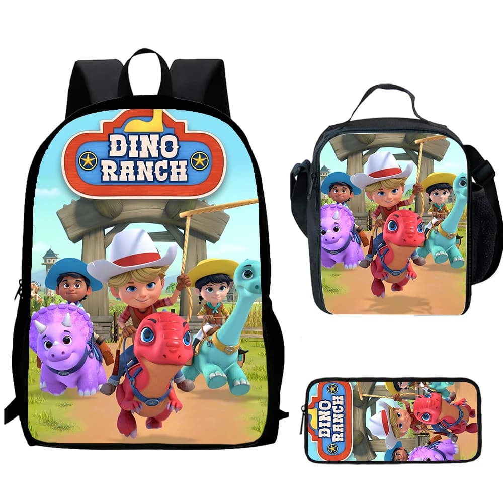 D-Dino Ranch Cartoon Set da 3 pezzi Zaino scolastico per bambini con borse per il pranzo, borse per matite Borse da scuola per ragazzi e ragazze Miglior regalo