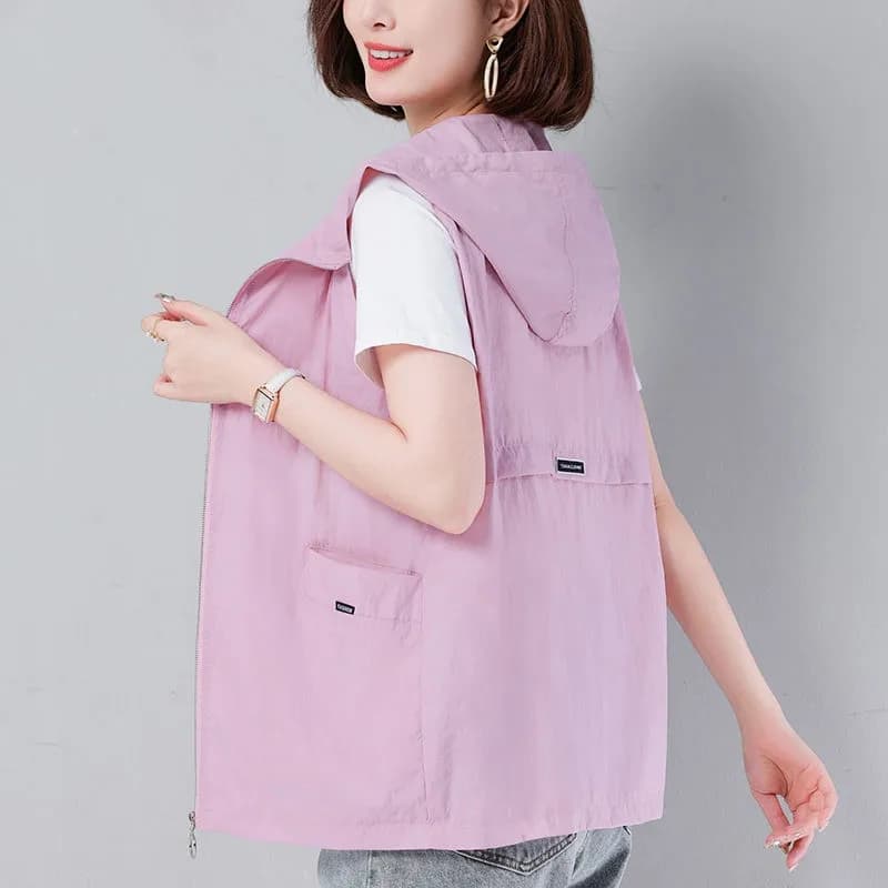 Gilet Donna Primavera Estate 2026 con Cappuccio, Moda Casual Sportiva, Protezione Solare, Giacche Senza Maniche da Donna