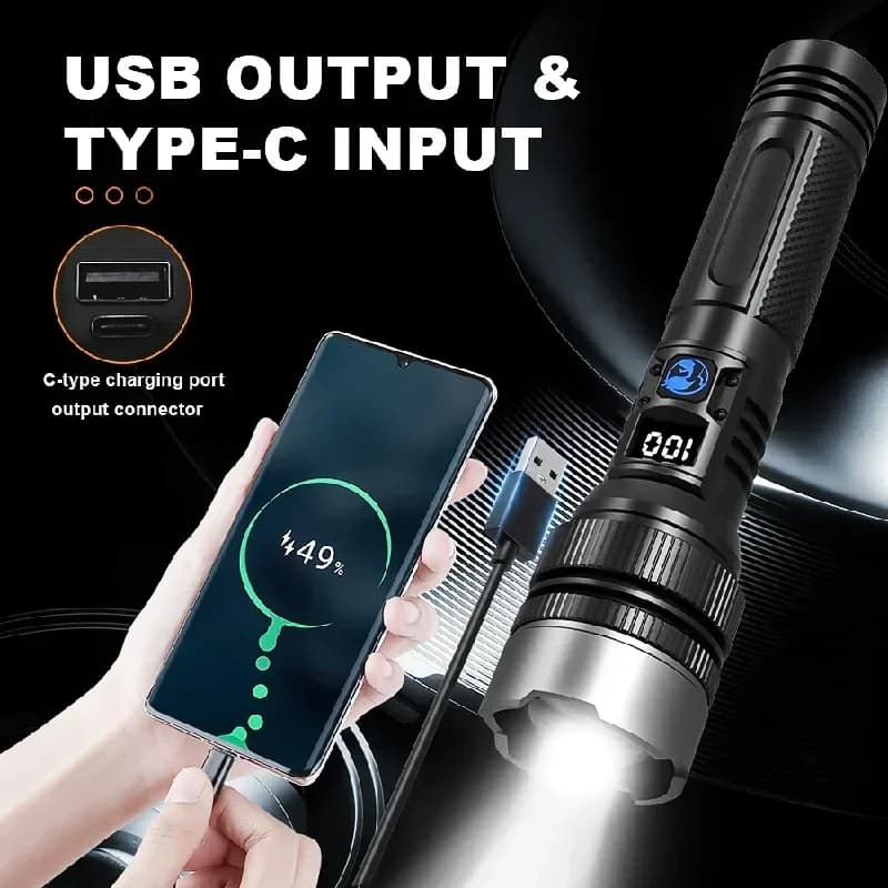 Torce LED ad Alta Potenza con Ricarica USB, Zoom Regolabile, Lampada per Pattugliamento, Autodifesa, Emergenza, Campeggio e Lavoro