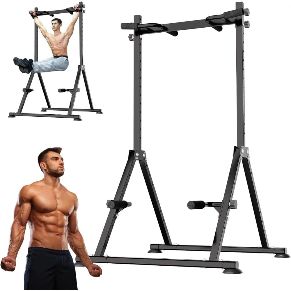 Foldable traction bar for dive station with power tower, adjustable height for home gym strength training